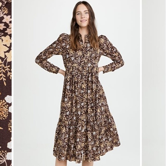 byTiMo Spring Floral Print Midi Dress Color Garden Brown & Cream Size M - Picture 15 of 16